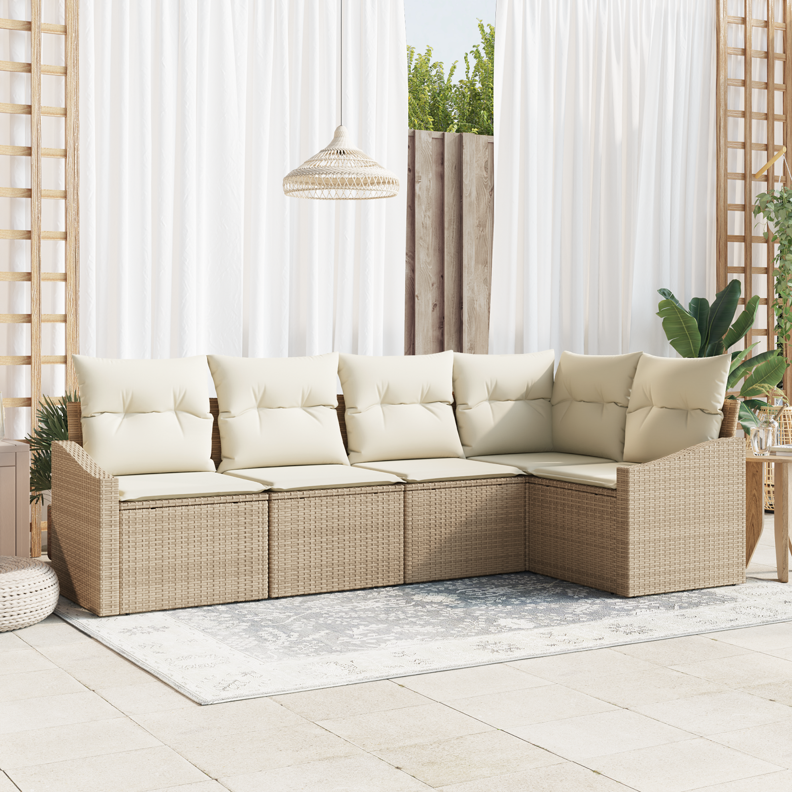 foto del prodotto set divano da giardino 5 pezzi con cuscini beige polyrattan