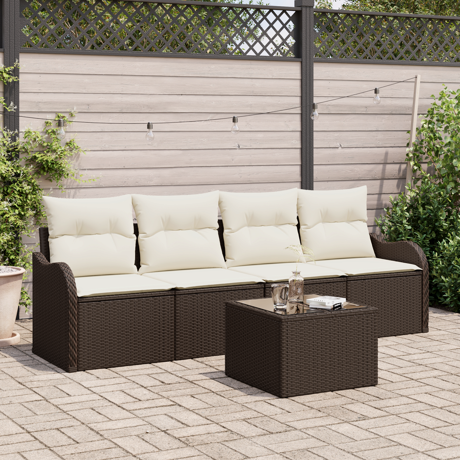 foto del prodotto set divano da giardino 5 pezzi con cuscini marrone polyrattan