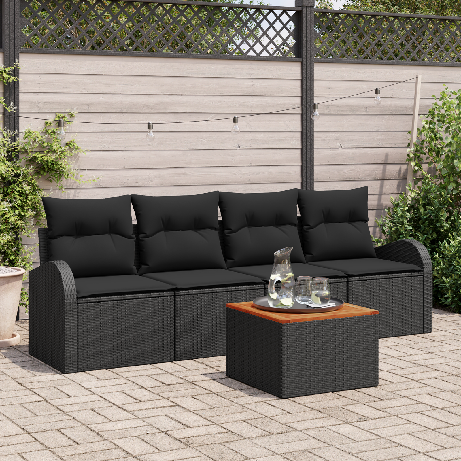 foto del prodotto set divano da giardino 5 pezzi con cuscini nero polirattan acacia