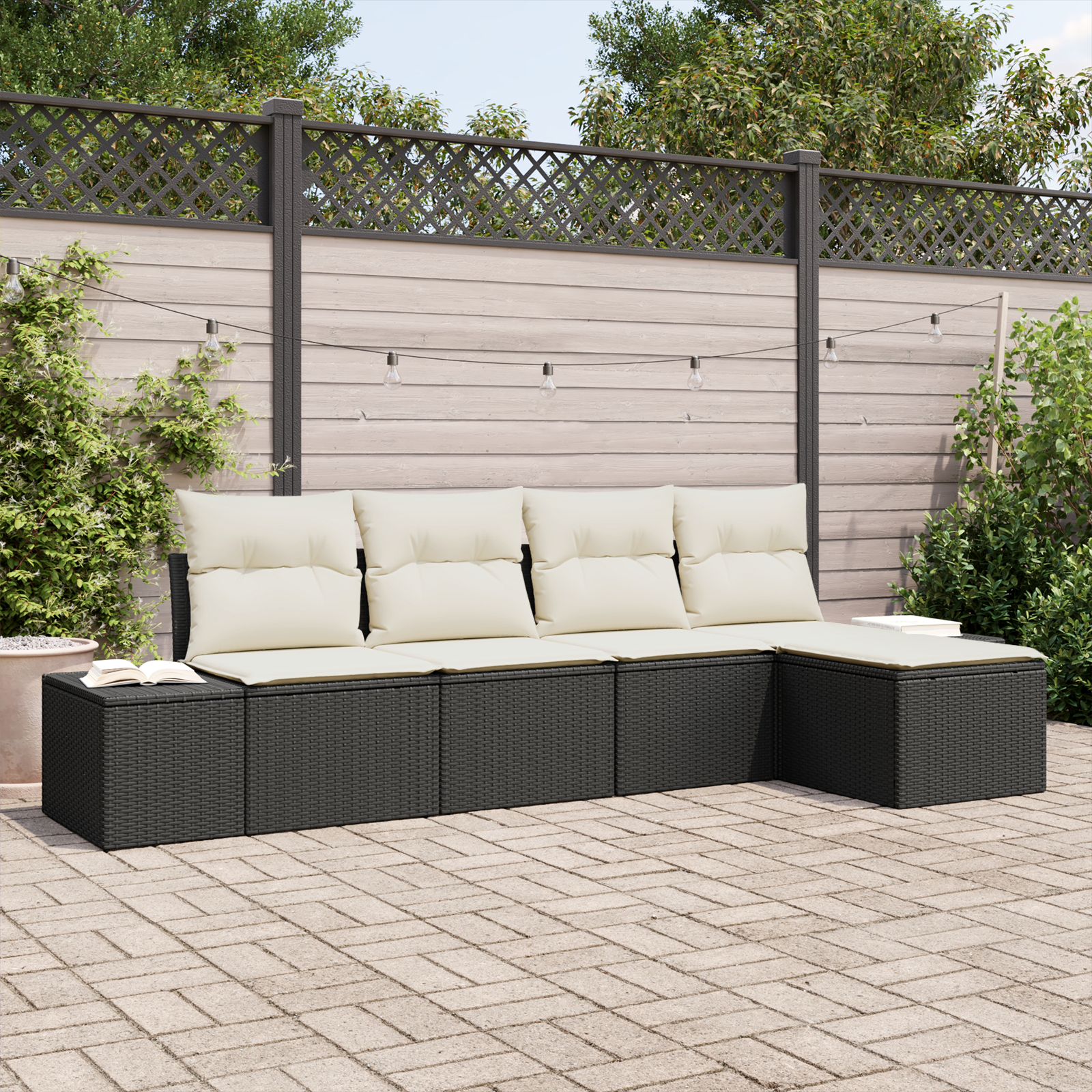 foto del prodotto set divano da giardino 5 pezzi con cuscini rattan nero