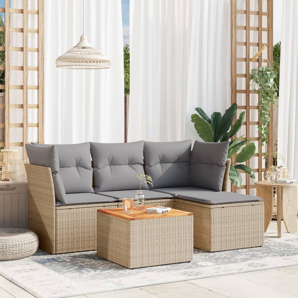 foto del prodotto set divano da giardino 5 pz con cuscini beige in polyrattan