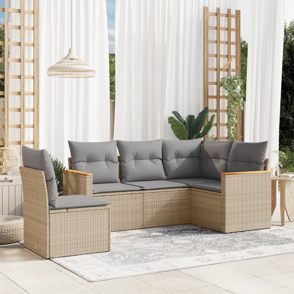 foto del prodotto set divano da giardino 5 pz con cuscini beige in polyrattan