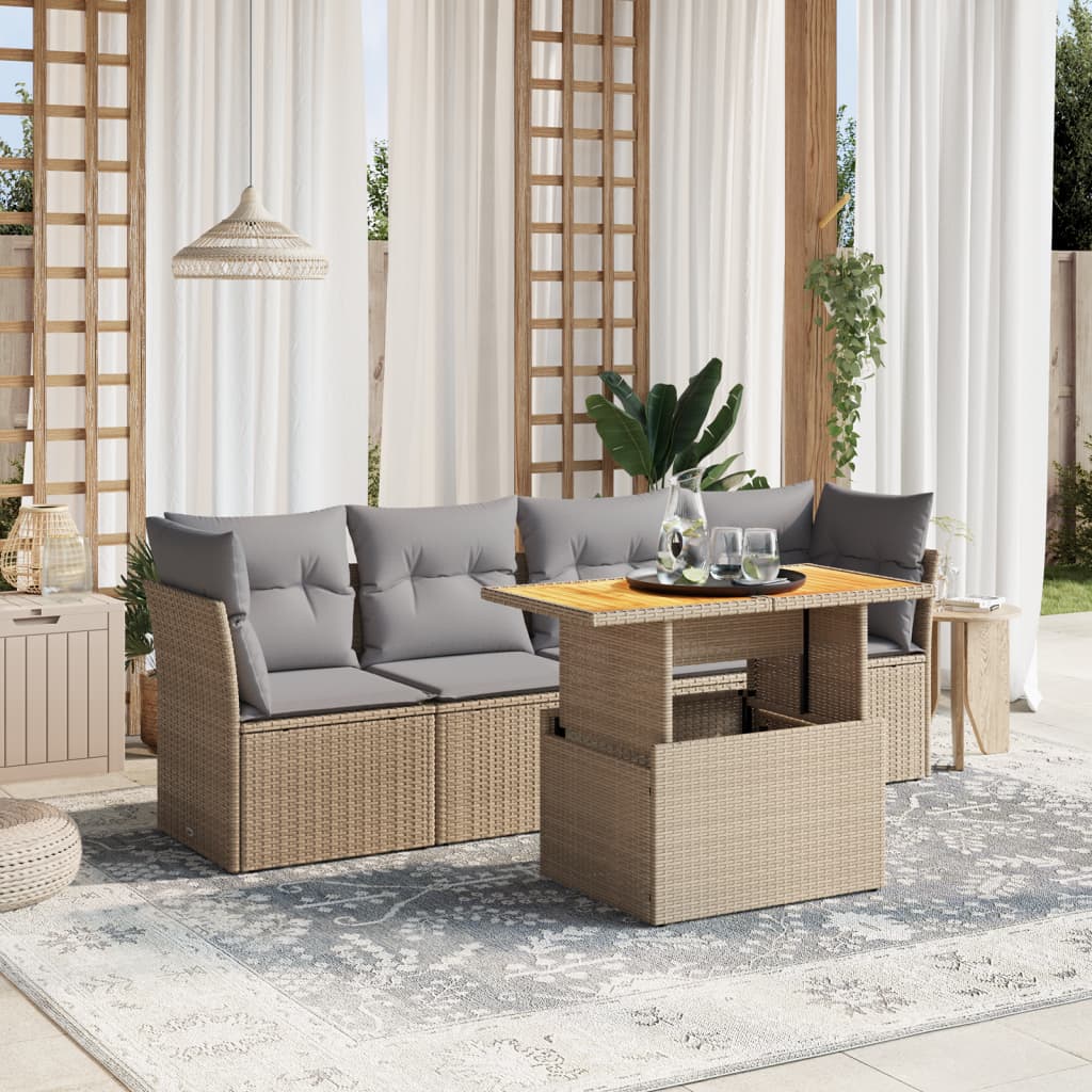 foto del prodotto set divano da giardino 5 pz con cuscini beige in polyrattan