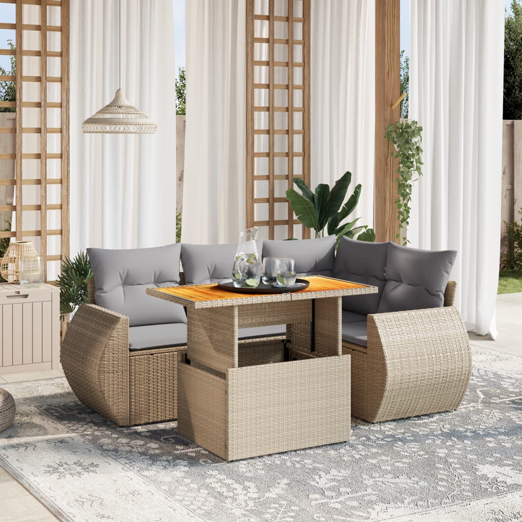 foto del prodotto set divano da giardino 5 pz con cuscini beige in polyrattan