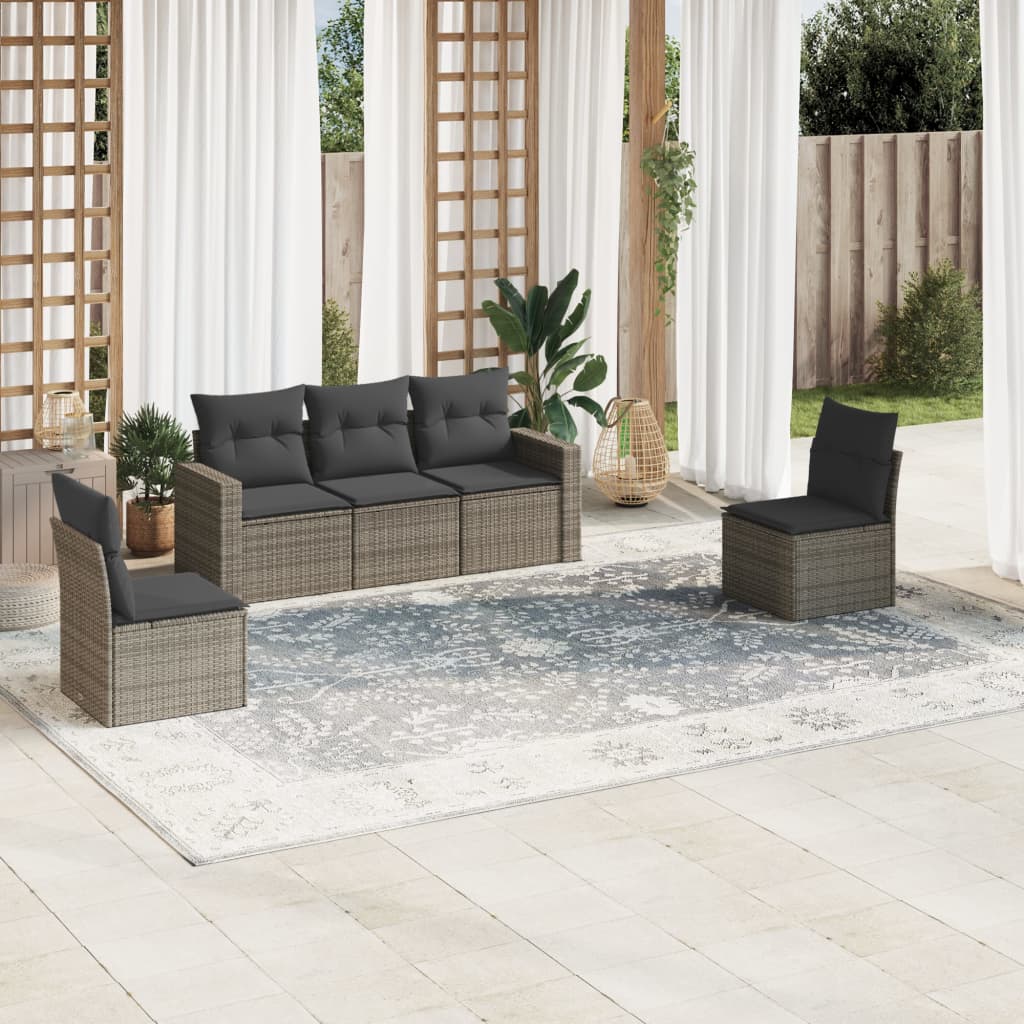 foto del prodotto set divano da giardino 5 pz con cuscini grigio in polyrattan