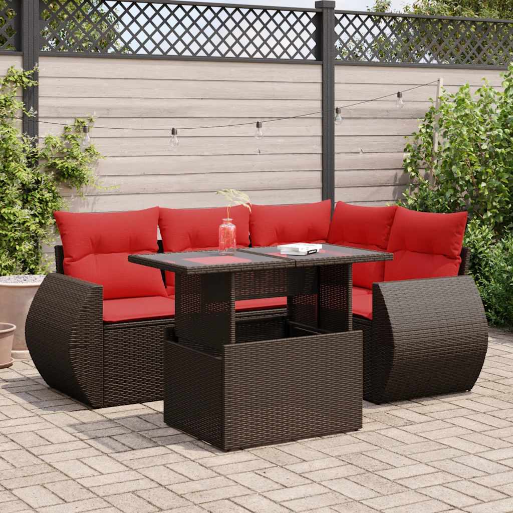 foto del prodotto set divano da giardino 5 pz cuscini marrone polyrattan e acacia