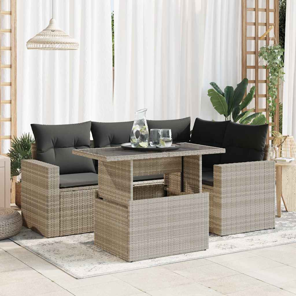 foto del prodotto set divano da giardino 5pz con cuscini grigio chiaro polyrattan