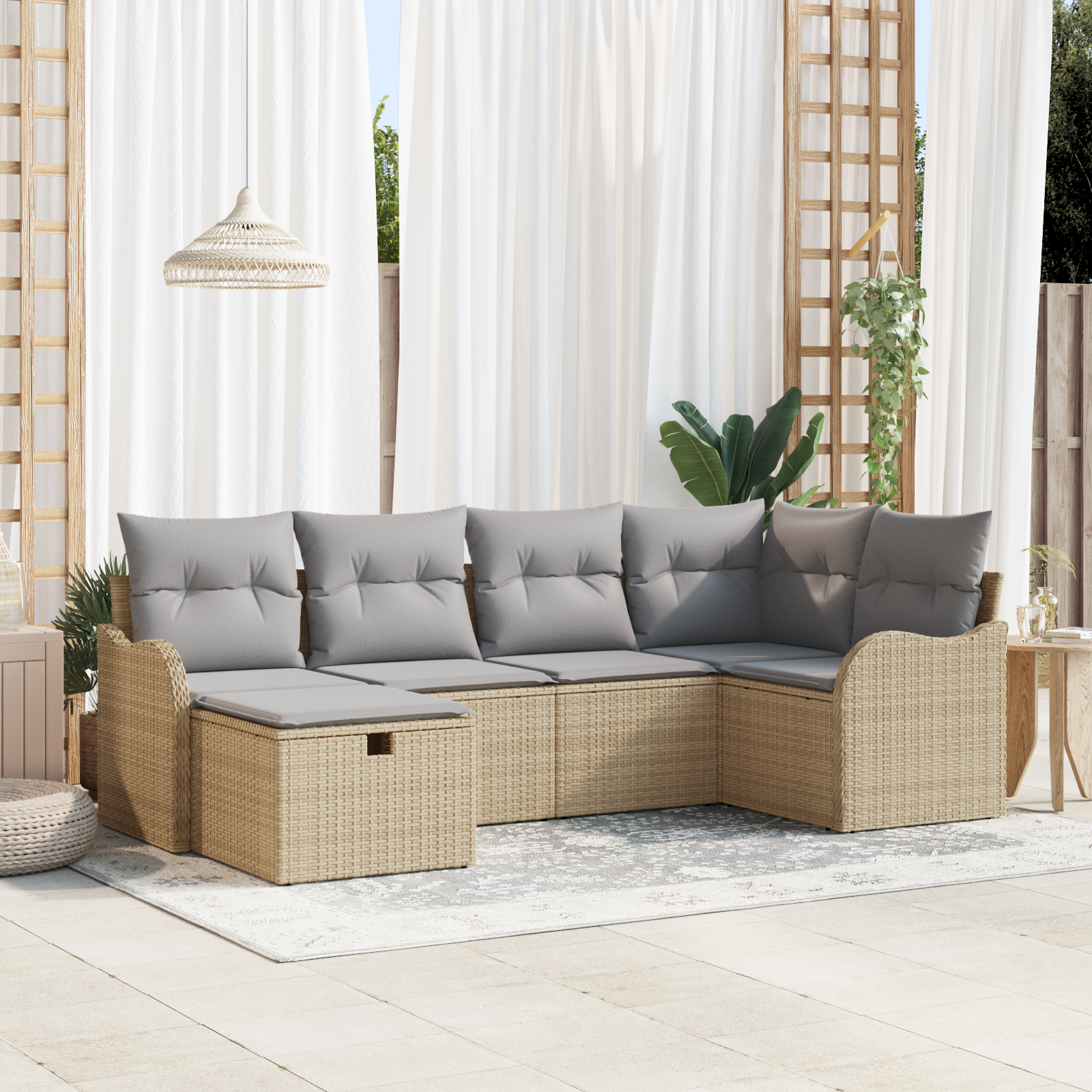 foto del prodotto set divano da giardino 6 pezzi con cuscini beige polyrattan