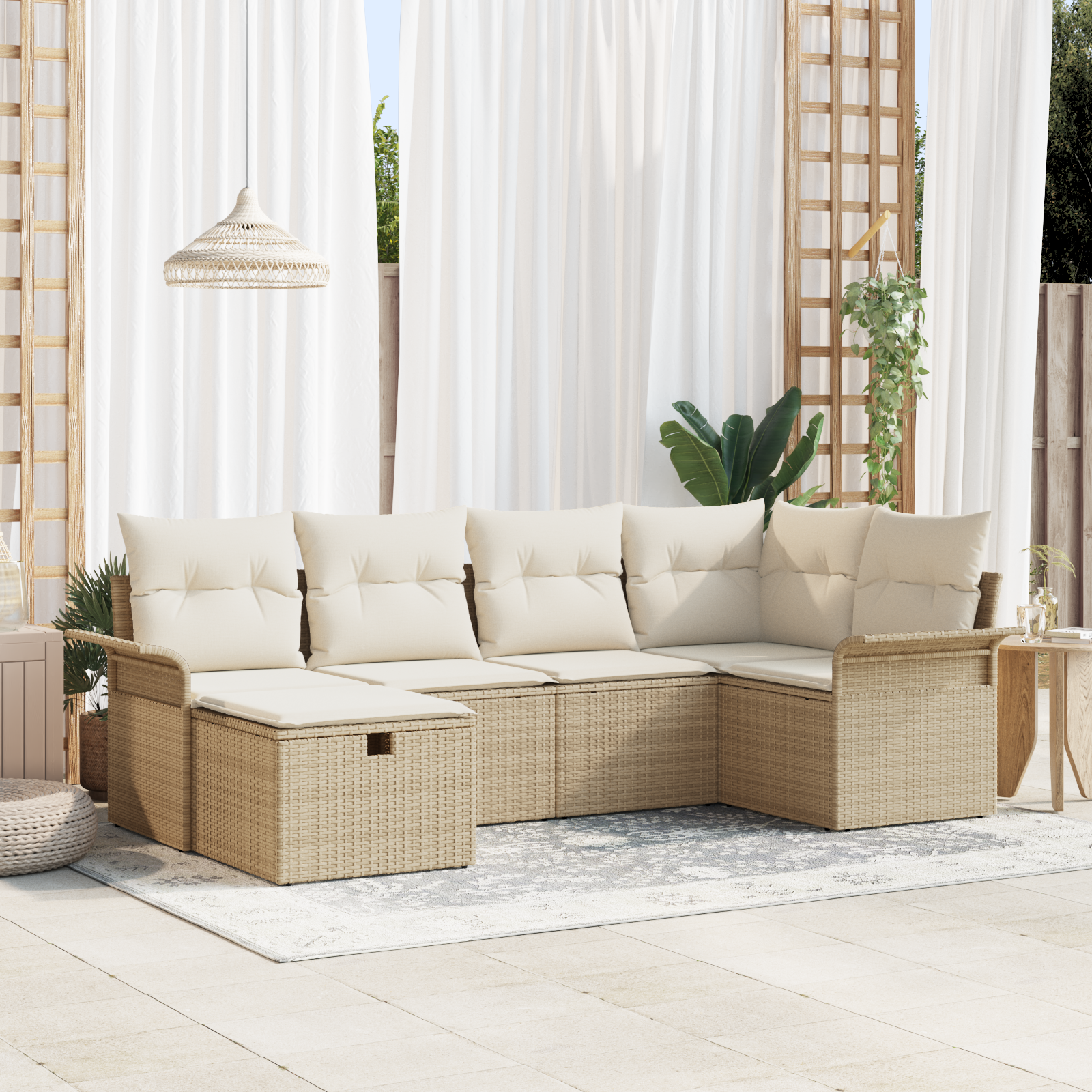 foto del prodotto set divano da giardino 6 pezzi con cuscini beige rattan