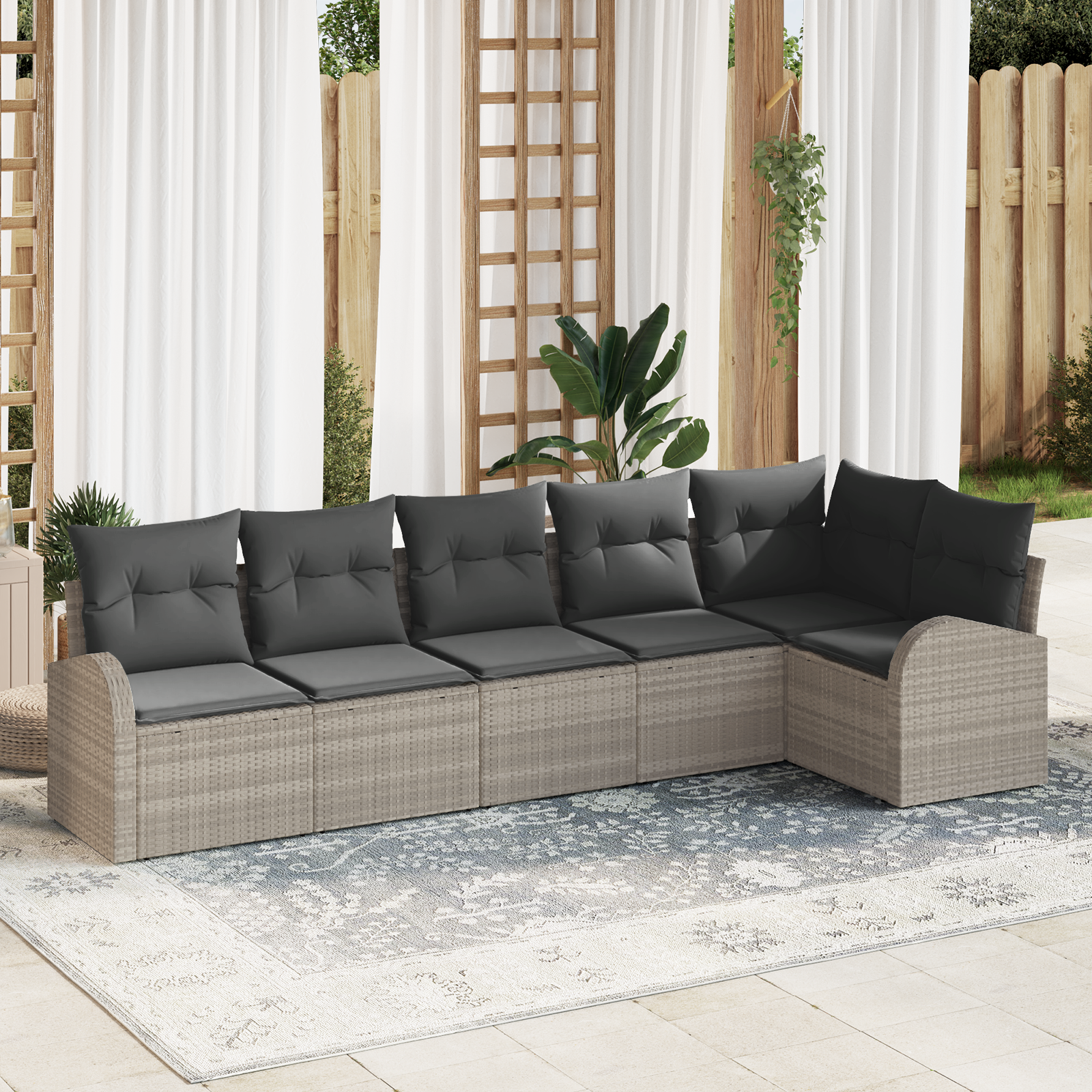 foto del prodotto set divano da giardino 6 pezzi con cuscini grigio chiaro polyrattan
