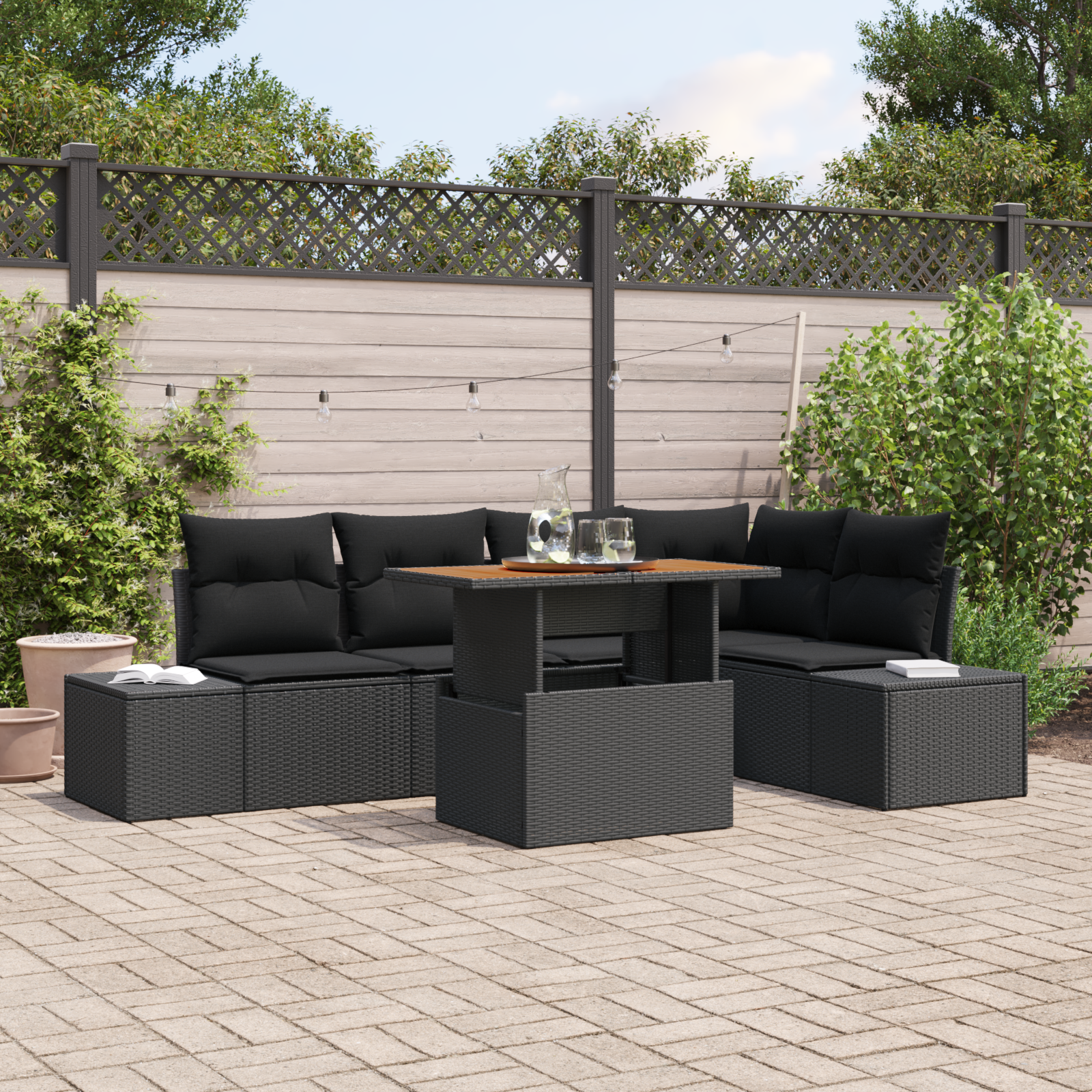 foto del prodotto set divano da giardino 6 pezzi con cuscini nero rattan sintetico