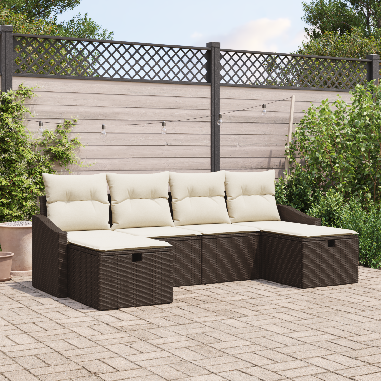 foto del prodotto set divano da giardino 6 pezzi con cuscini polyrattan marrone