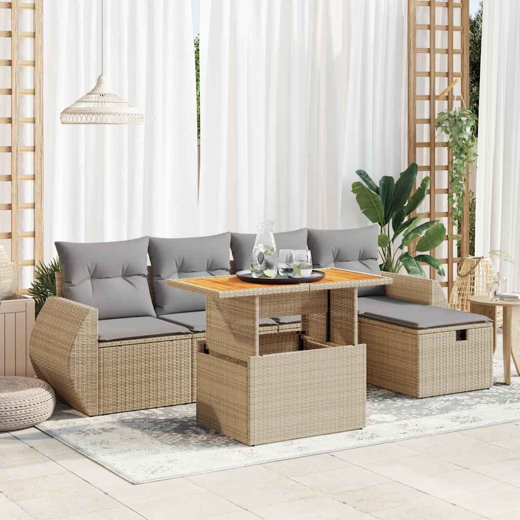 foto del prodotto set divano da giardino 6 pz con cuscini beige polyrattan acacia