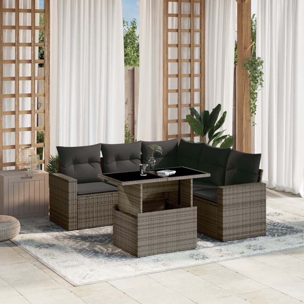 foto del prodotto set divano da giardino 6 pz con cuscini grigio in polyrattan