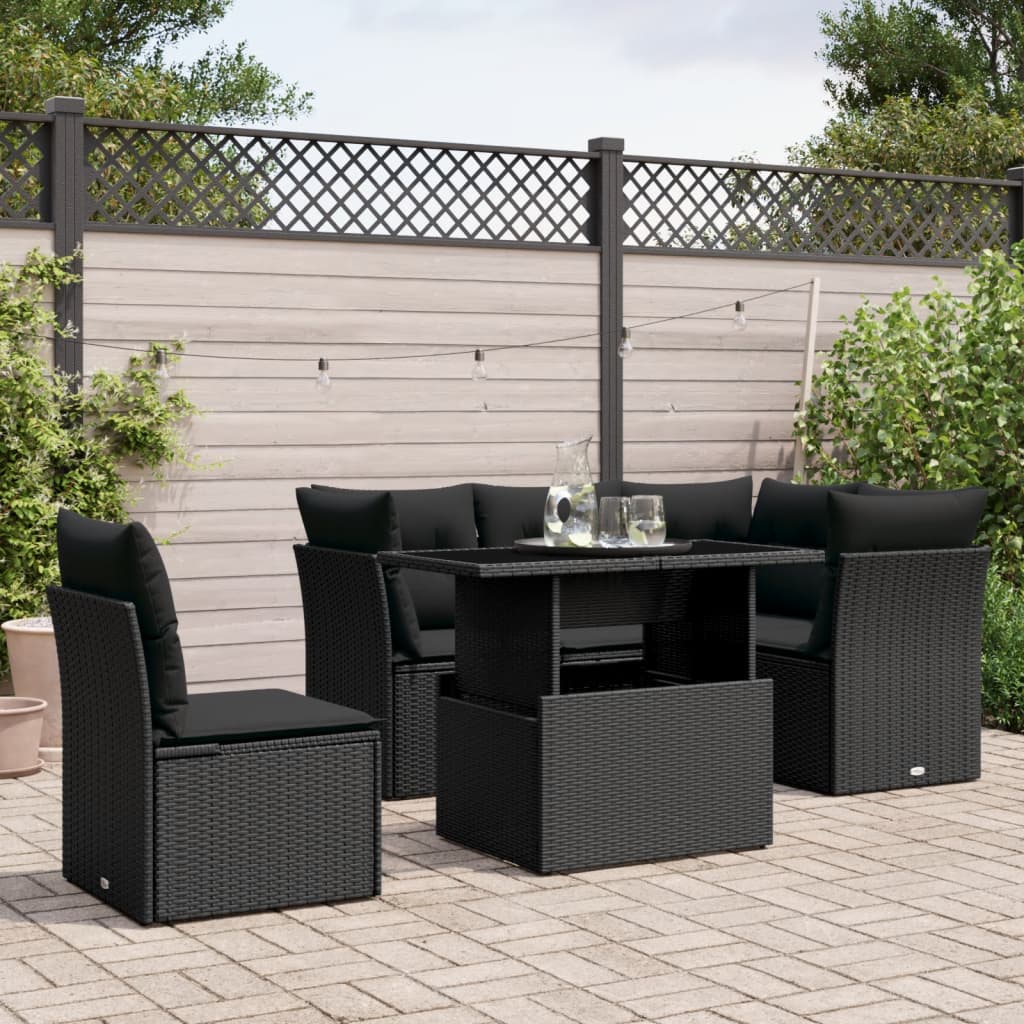 foto del prodotto set divano da giardino 6 pz con cuscini nero in polyrattan