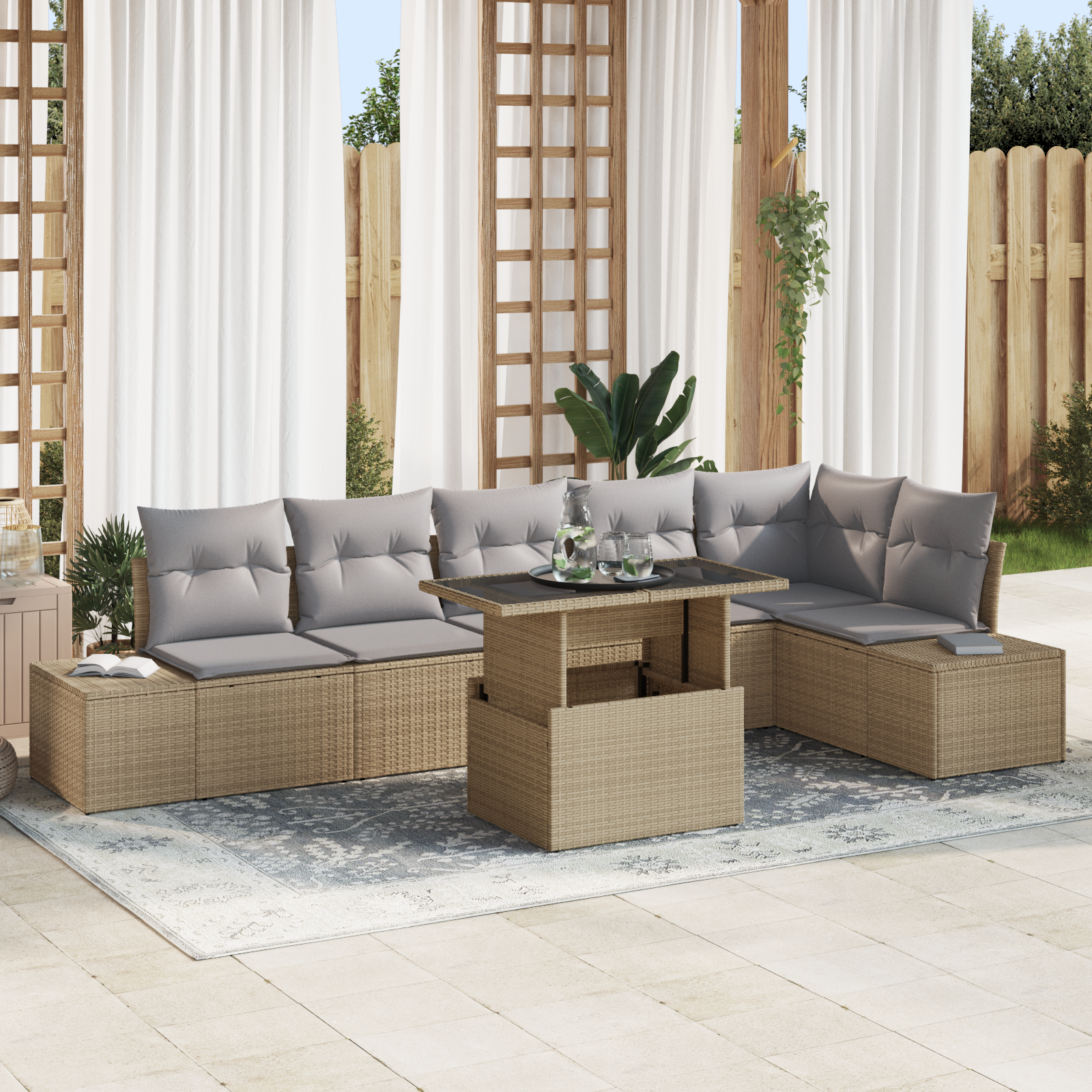 foto del prodotto set divano da giardino 7 pezzi con cuscini beige in polyrattan