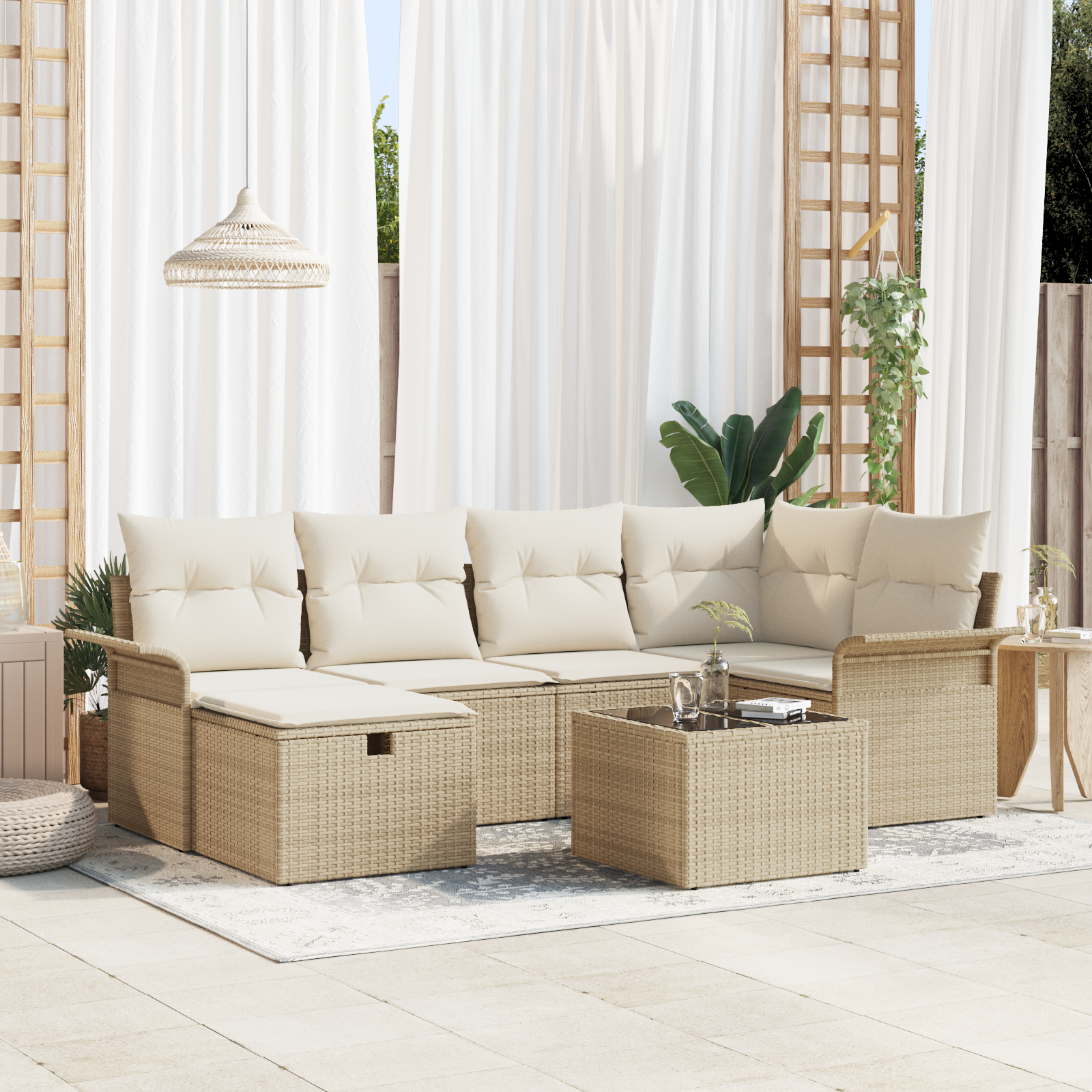 foto del prodotto set divano da giardino 7 pezzi con cuscini beige polyrattan