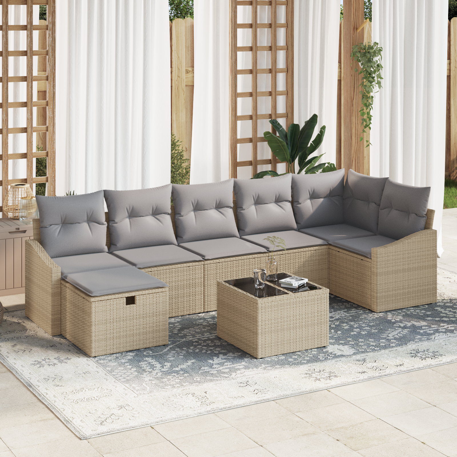 foto del prodotto set divano da giardino 8 pezzi con cuscini beige polyrattan