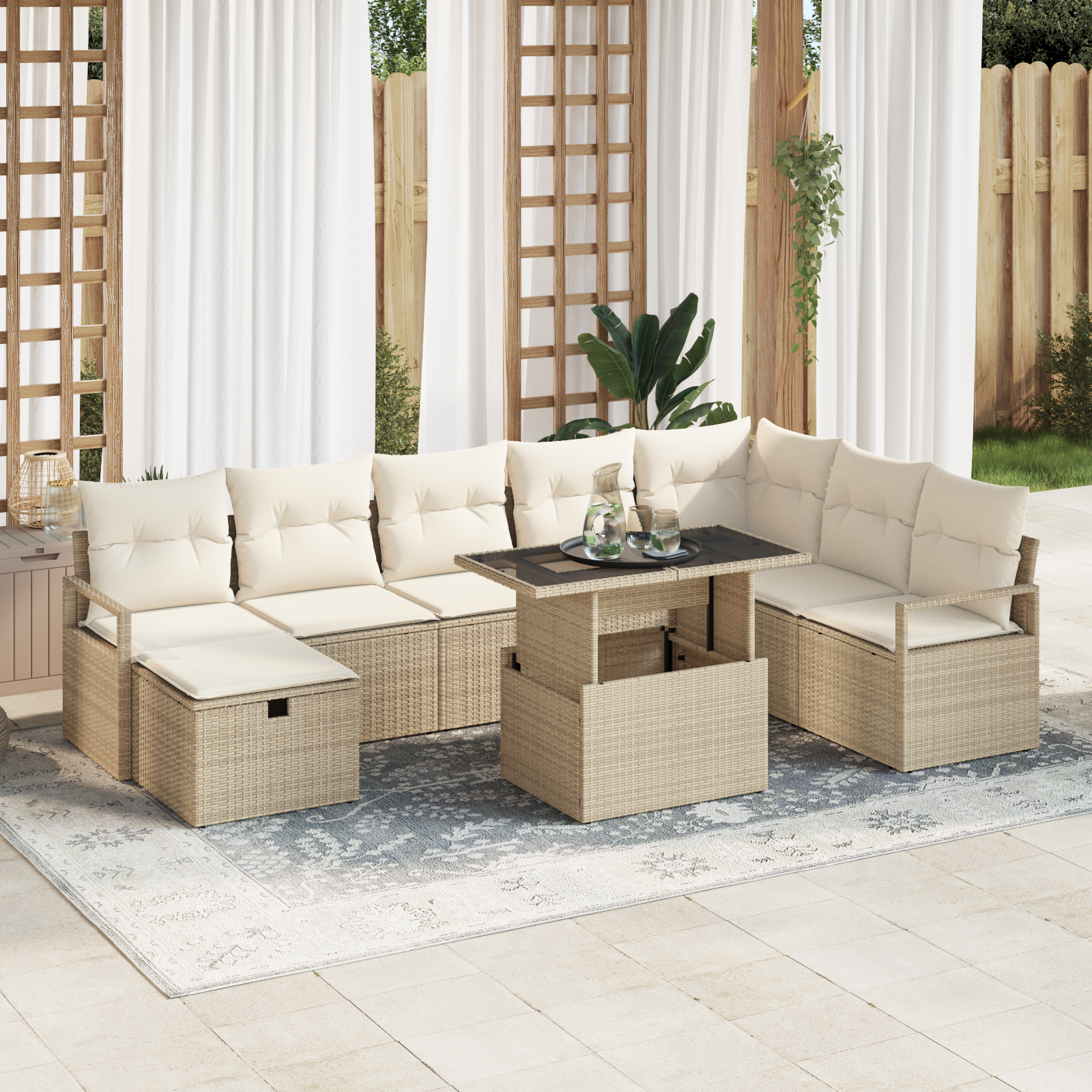 foto del prodotto set divano da giardino 9 pezzi con cuscini beige in rattan polietilene