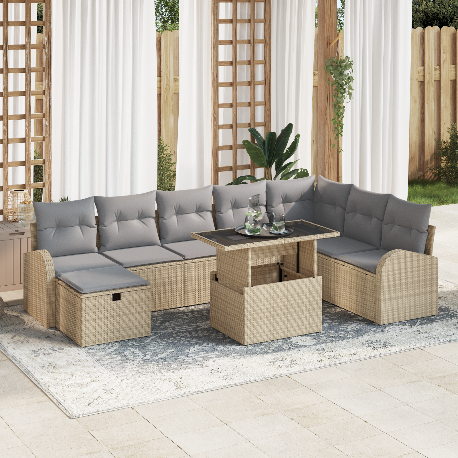 foto del prodotto set divano da giardino 9 pezzi con cuscini beige polyrattan