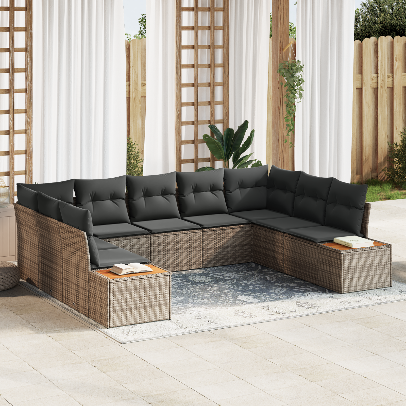 foto del prodotto set divano da giardino 9 pezzi con cuscini grigio polyrattan acacia
