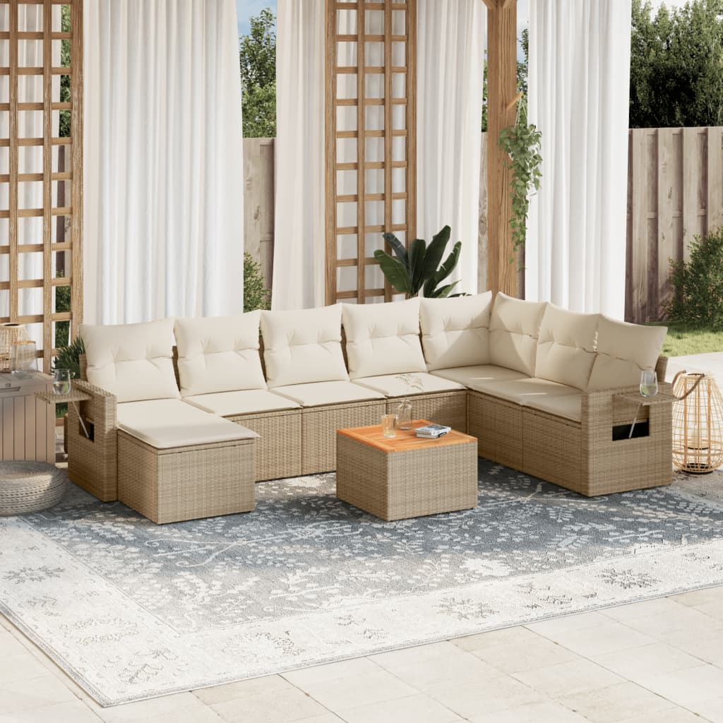 foto del prodotto set divano da giardino 9 pz con cuscini beige in polyrattan