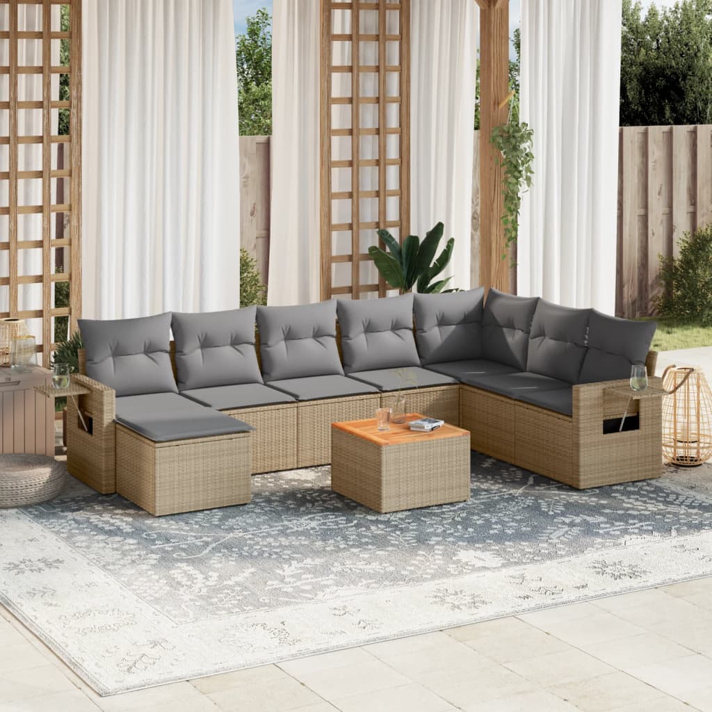 foto del prodotto set divano da giardino 9 pz con cuscini beige in polyrattan