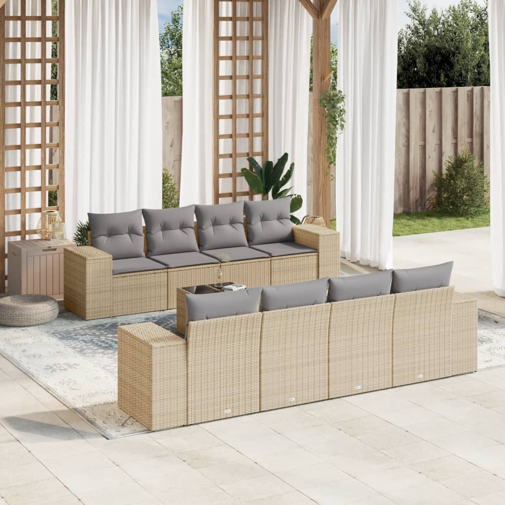 foto del prodotto set divano da giardino 9 pz con cuscini beige in polyrattan
