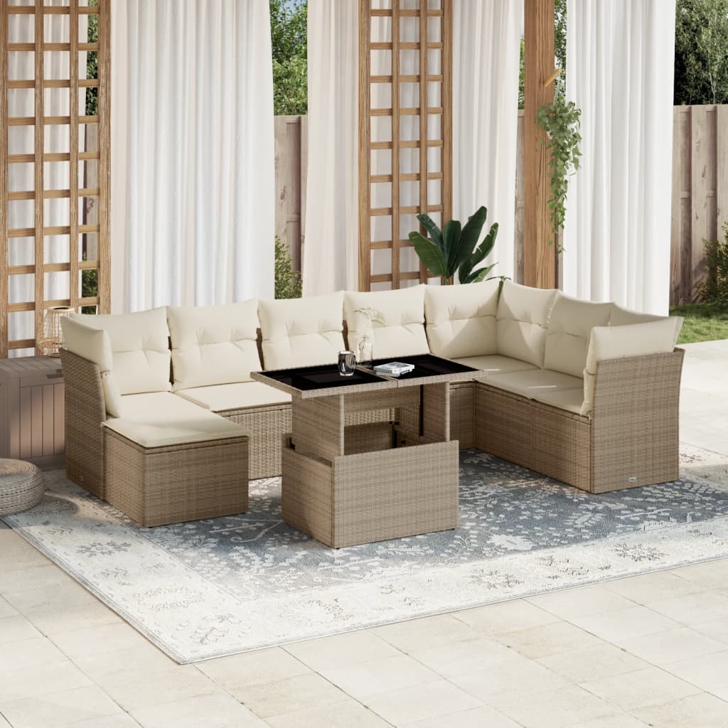foto del prodotto set divano da giardino 9 pz con cuscini beige in polyrattan