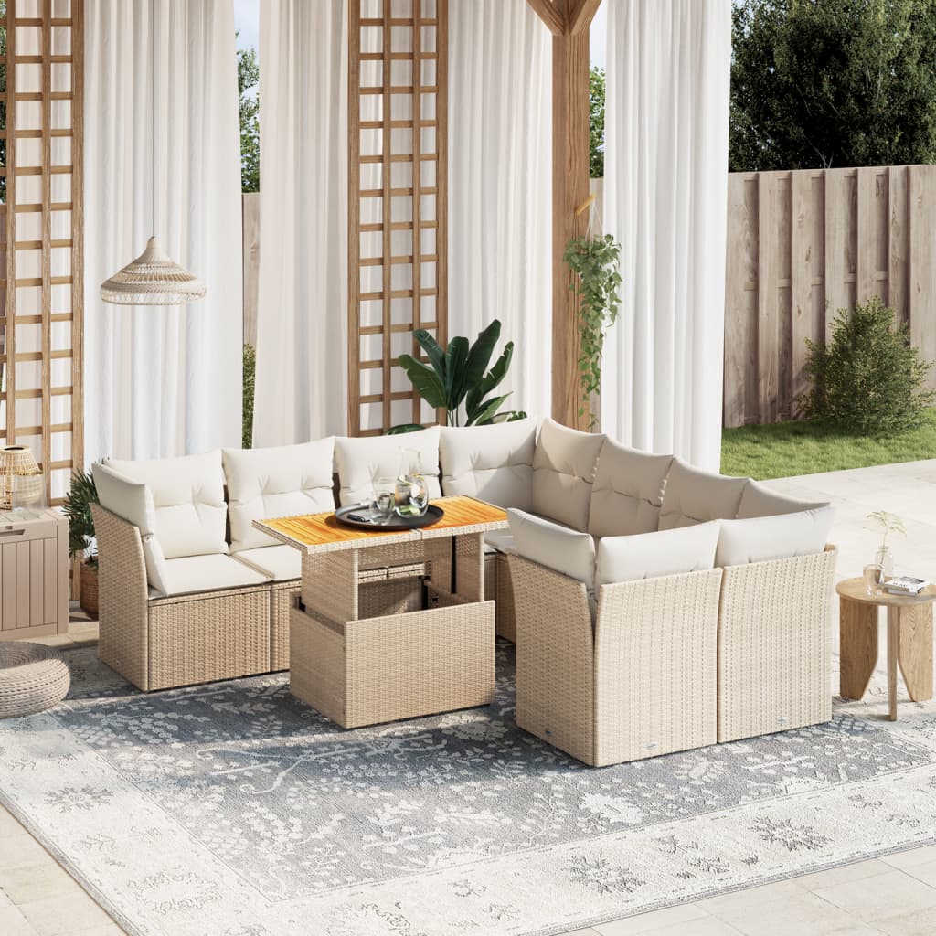 foto del prodotto set divano da giardino 9 pz con cuscini beige in polyrattan