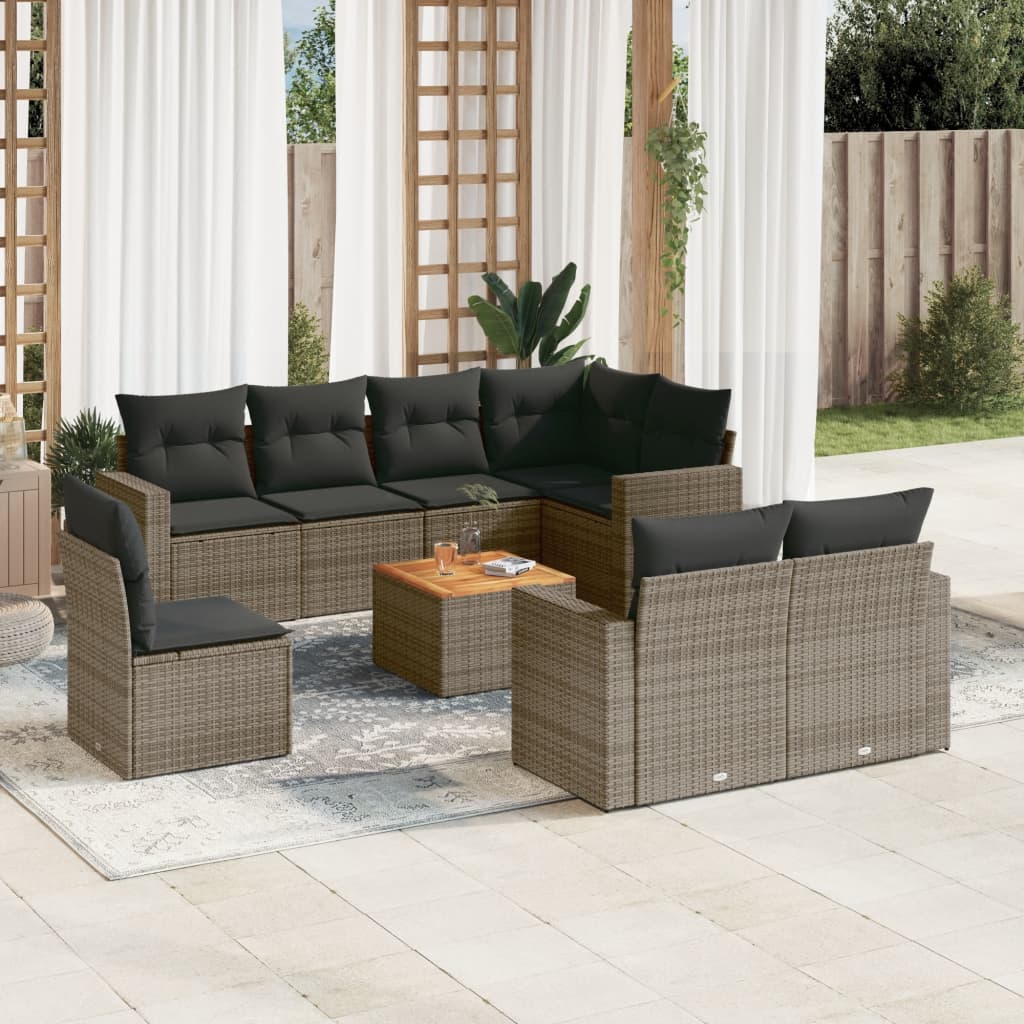 foto del prodotto set divano da giardino 9 pz con cuscini grigio in polyrattan