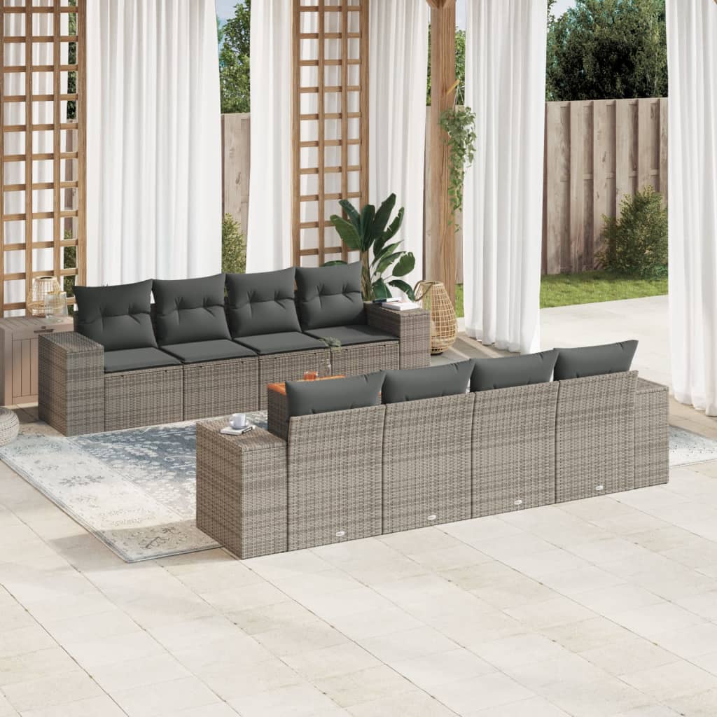 foto del prodotto set divano da giardino 9 pz con cuscini grigio in polyrattan