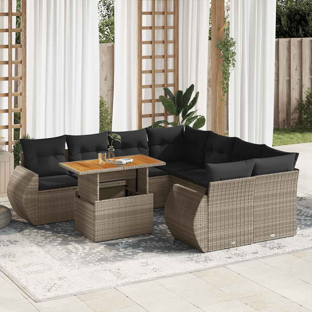 foto del prodotto set divano da giardino 9 pz con cuscini grigio in polyrattan