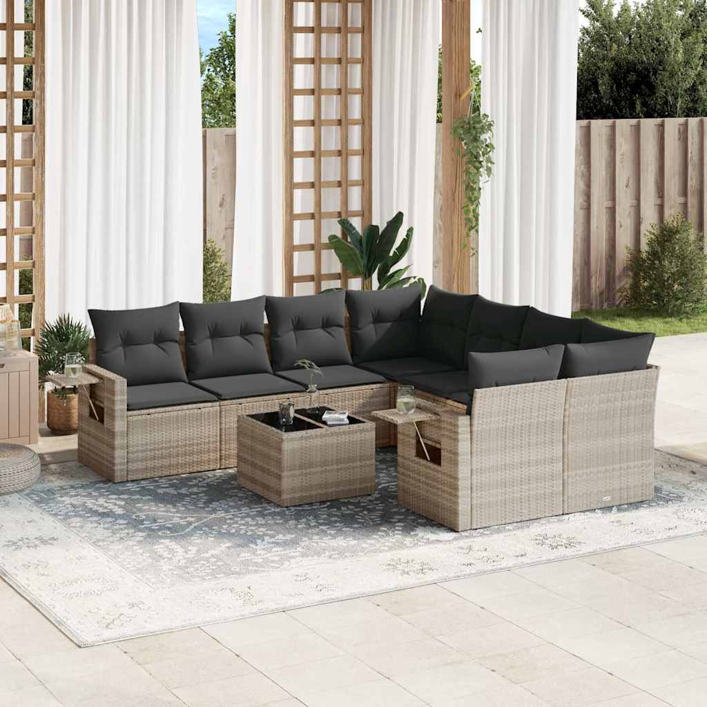 foto del prodotto set divano da giardino 9pz con cuscini grigio chiaro polyrattan