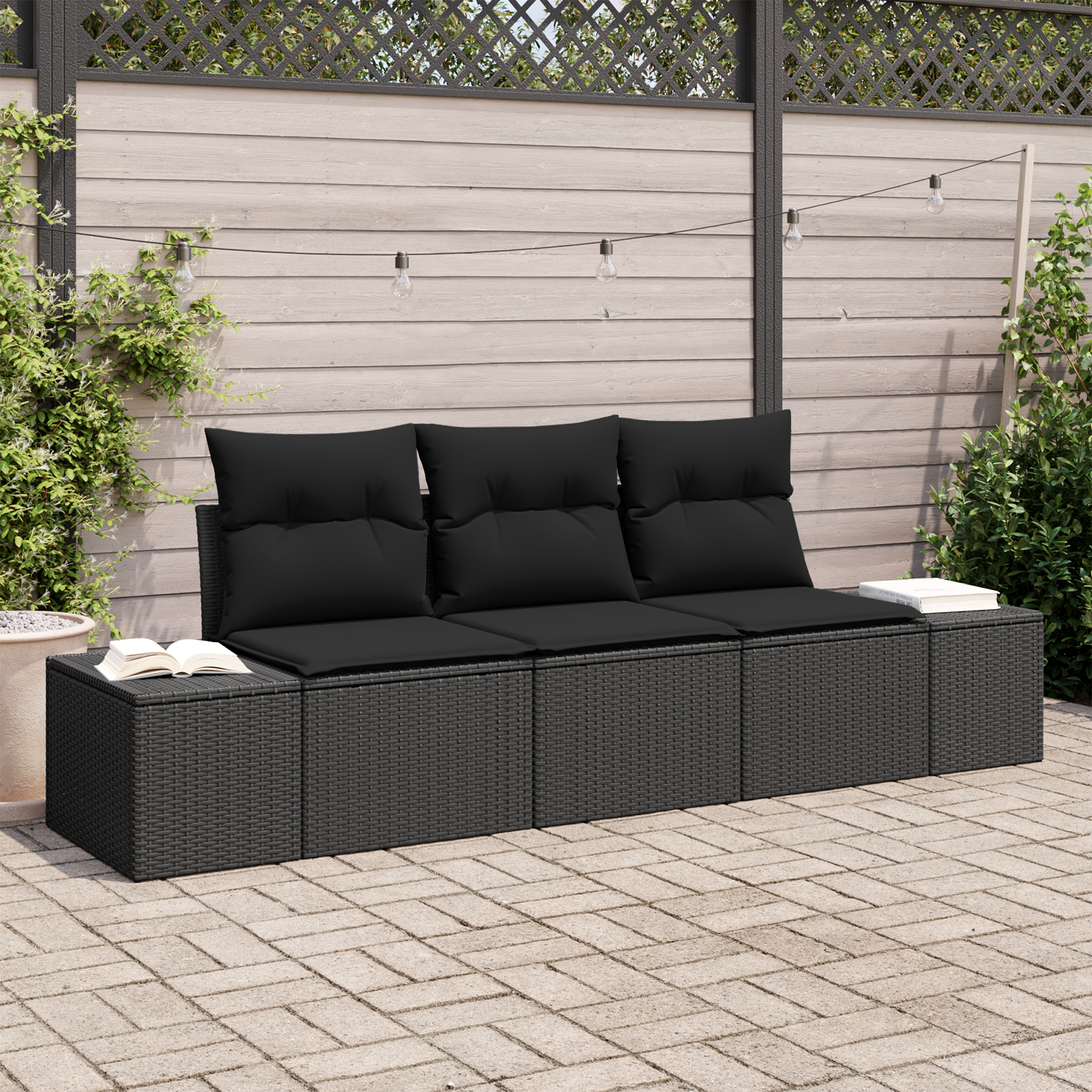 foto del prodotto set divano da giardino a 3 pezzi con cuscini nero polyrattan