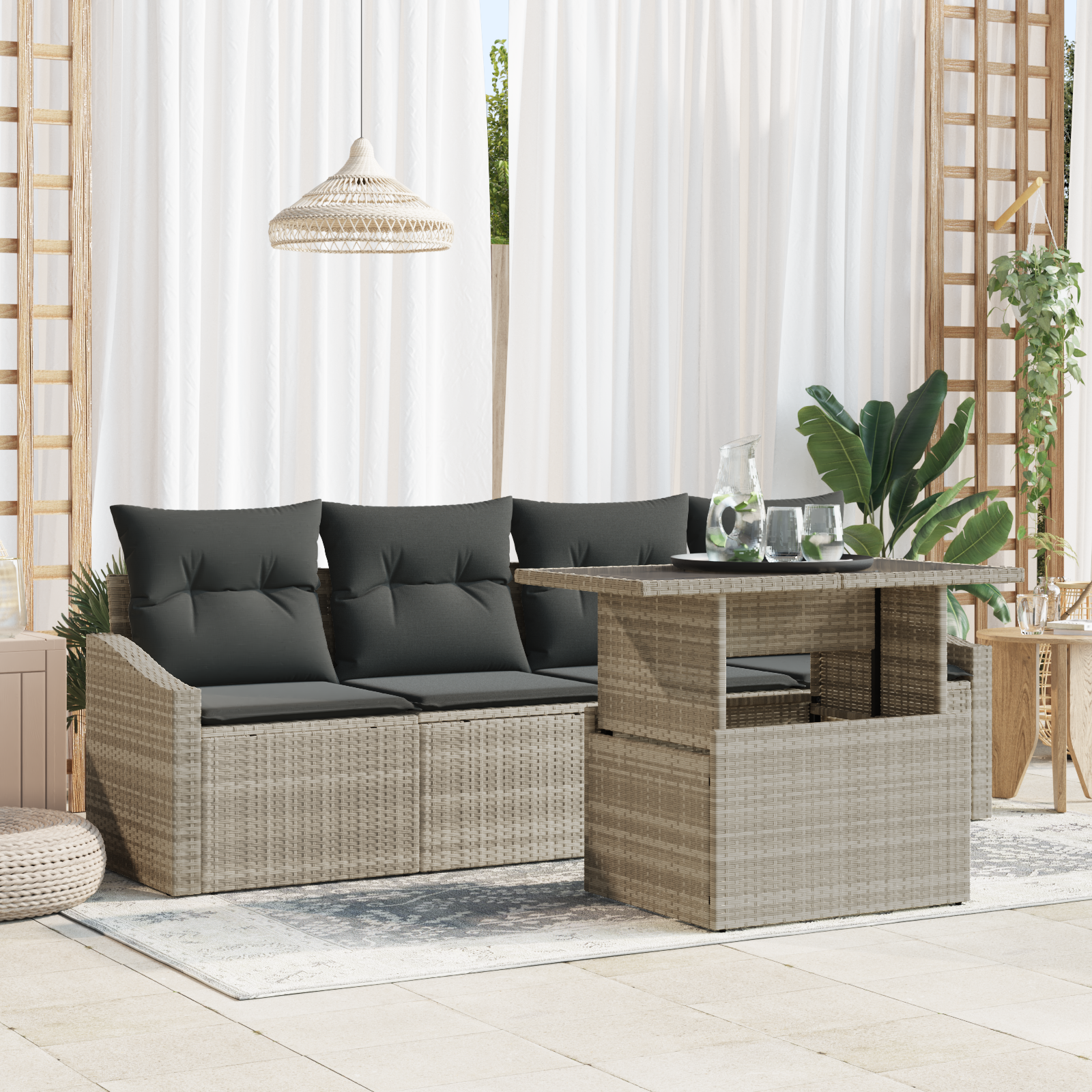 foto del prodotto set divano da giardino a 5 pezzi con cuscini grigio chiaro in polyrattan