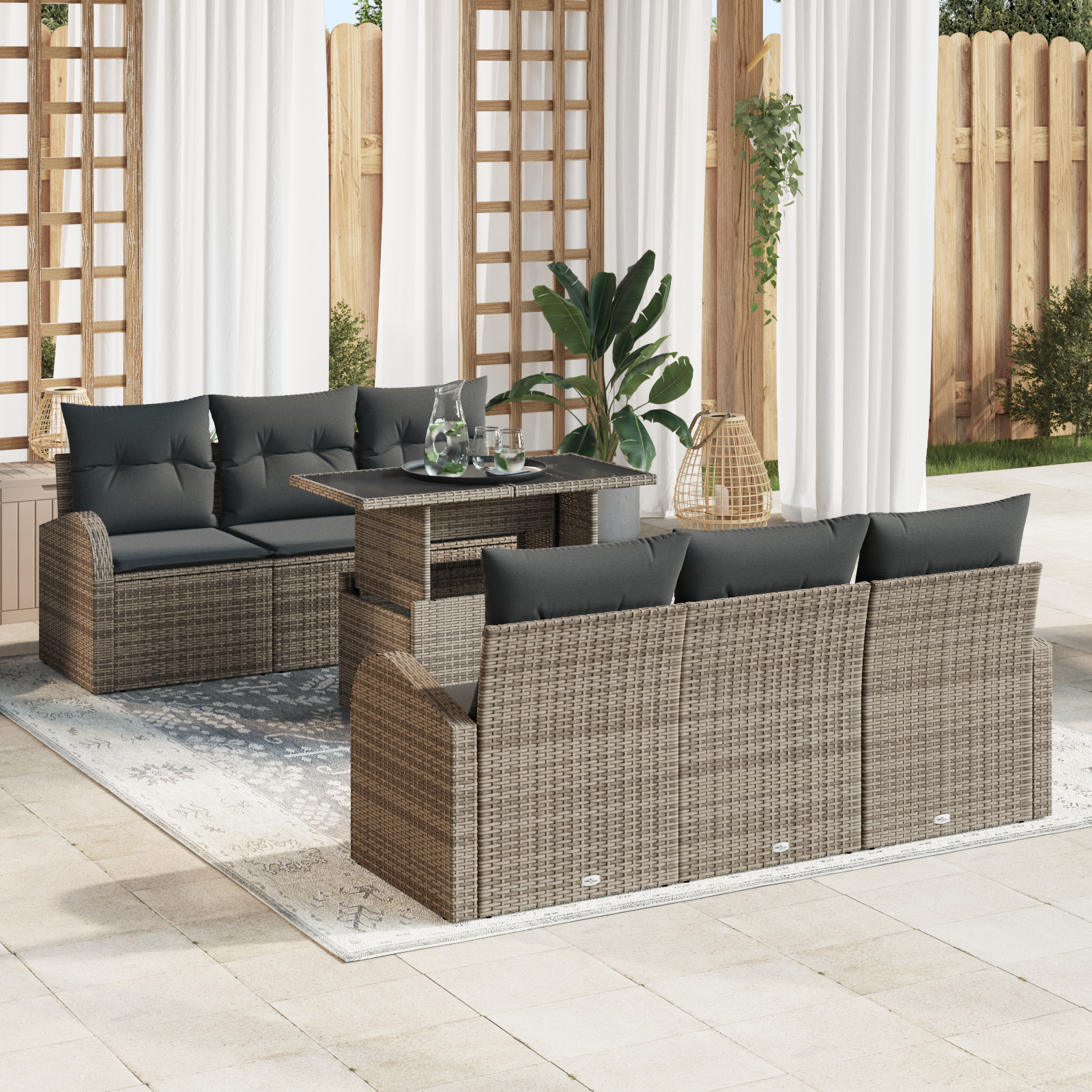 foto del prodotto set divano da giardino a 7 pezzi con cuscini grigio polyrattan