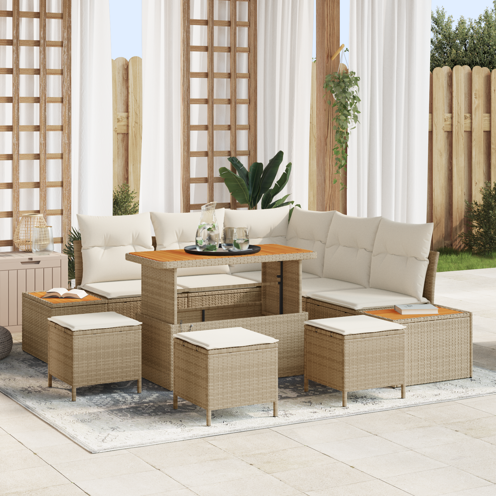 foto del prodotto set divano da giardino a 9 pezzi con cuscini beige poly rattan acacia