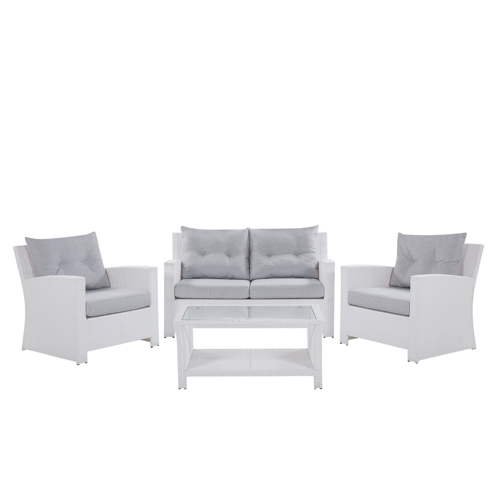 foto del prodotto set divano da giardino bianco finto rattan grigio cuscini esterni in vimini set di conversazione