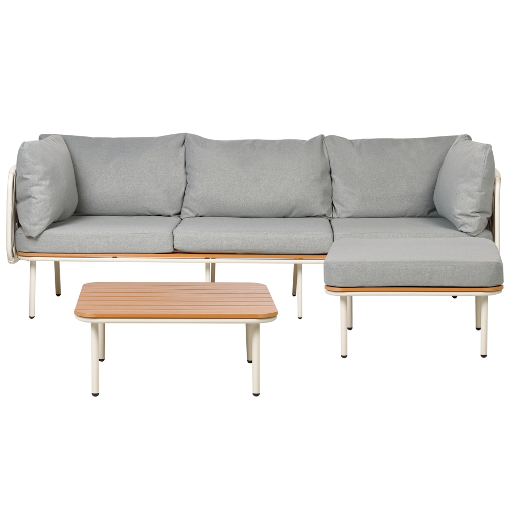 foto del prodotto set divano da giardino con ottomana con struttura in metallo e schienale in corda con cuscini grigio stile elegante