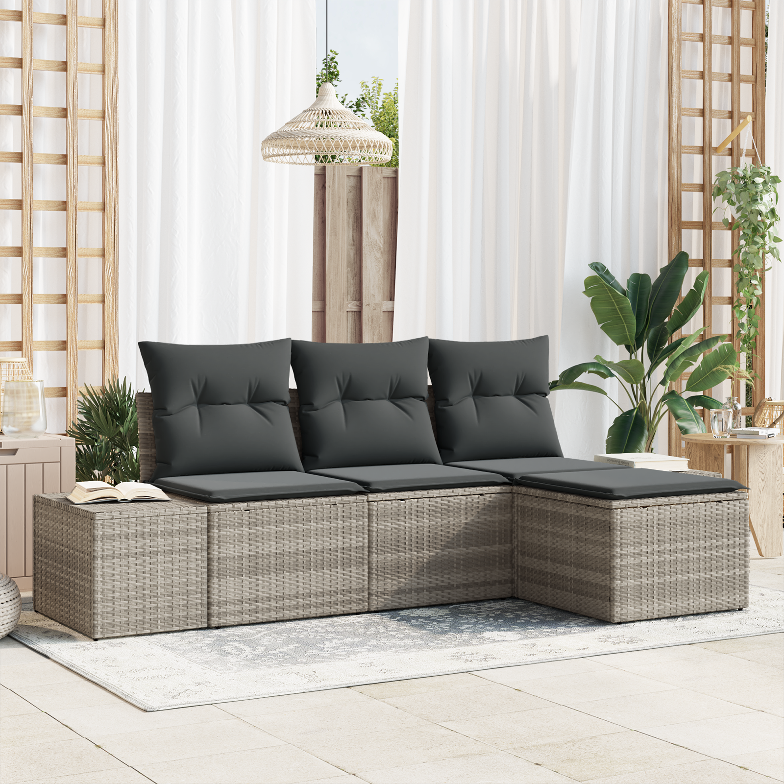 foto del prodotto set divano da giardino da 4 pezzi con cuscini grigio chiaro polyrattan