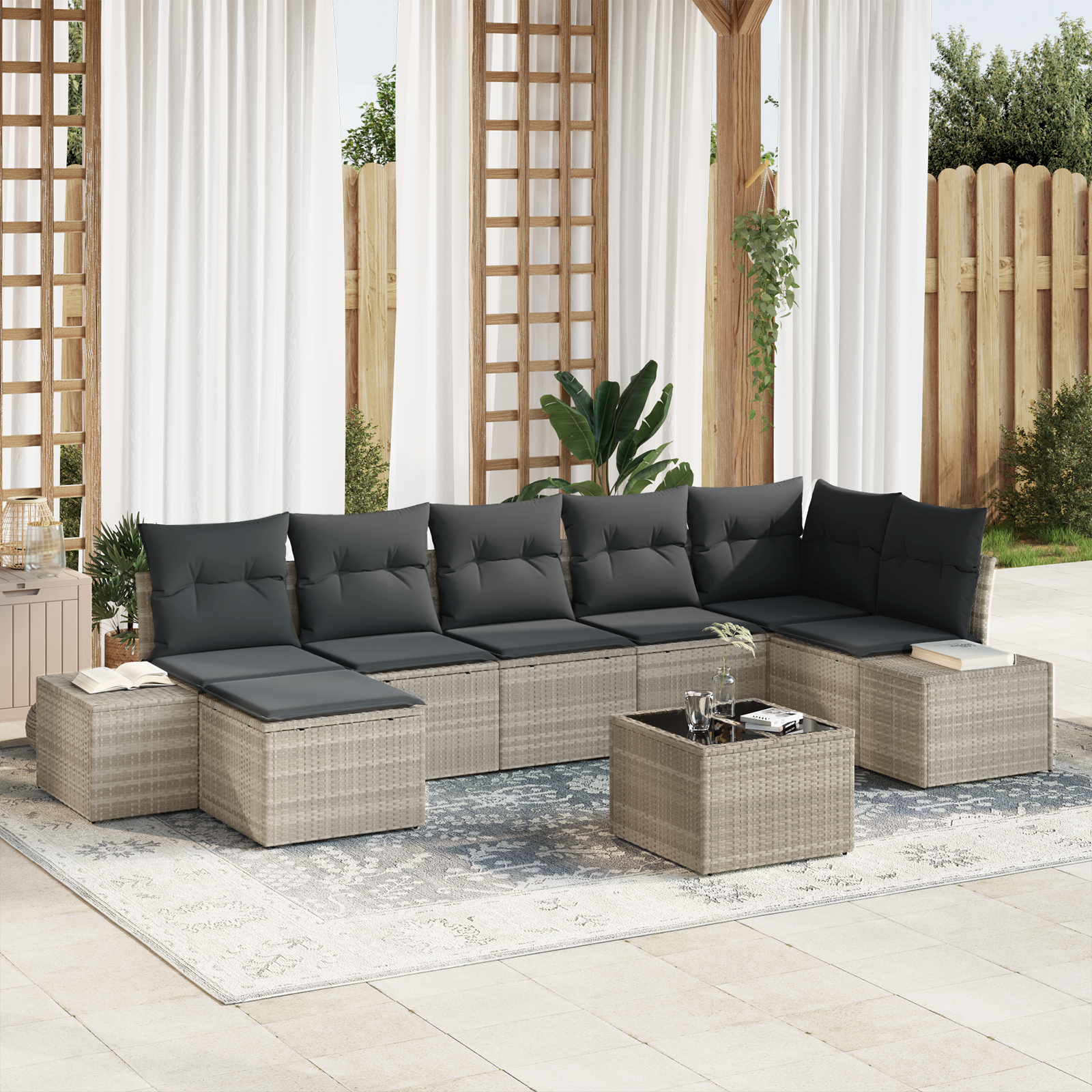 foto del prodotto set divano da giardino da 8 pezzi con cuscini grigio polyrattan