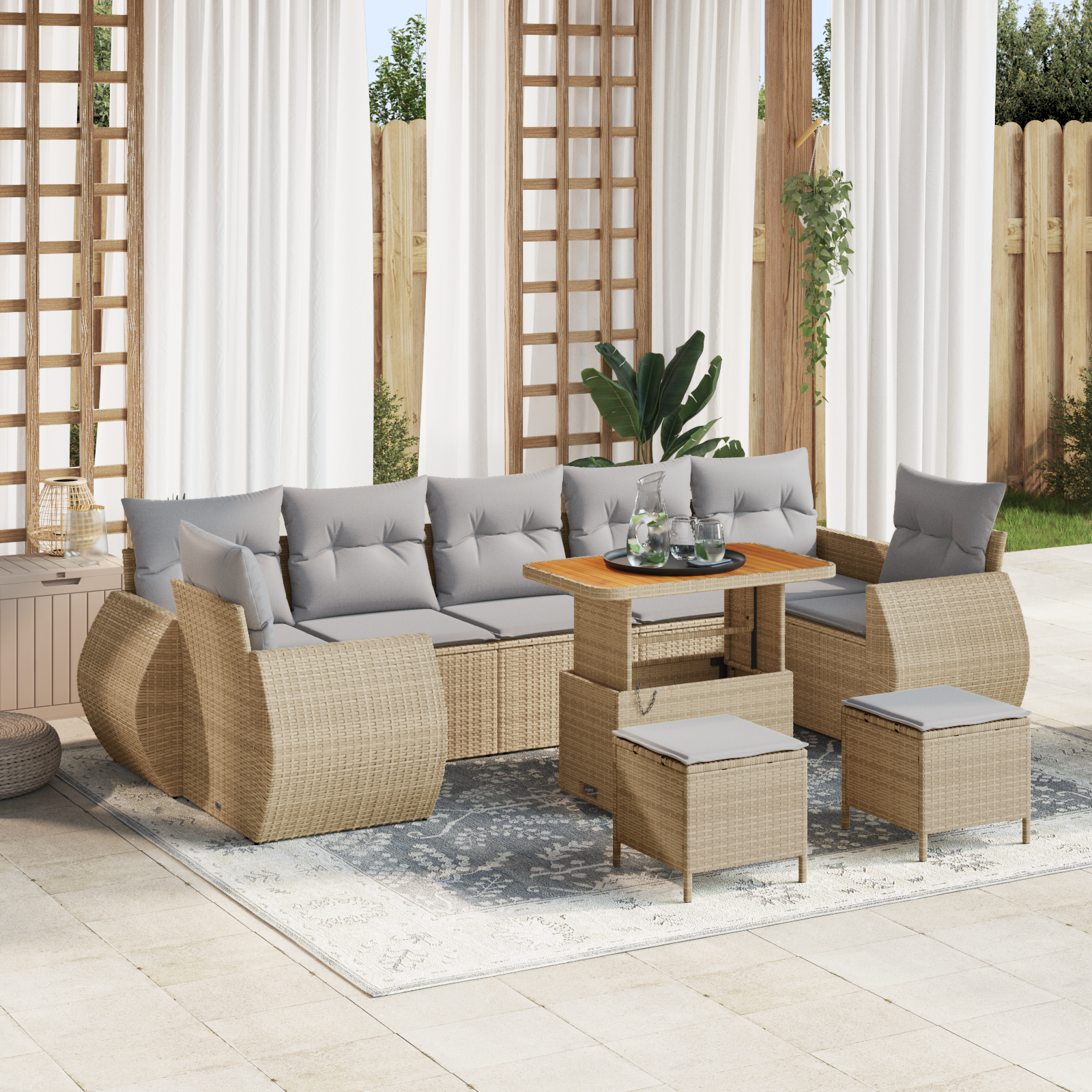 foto del prodotto set divano giardino 10 pezzi con cuscini beige rattan polietilene acacia