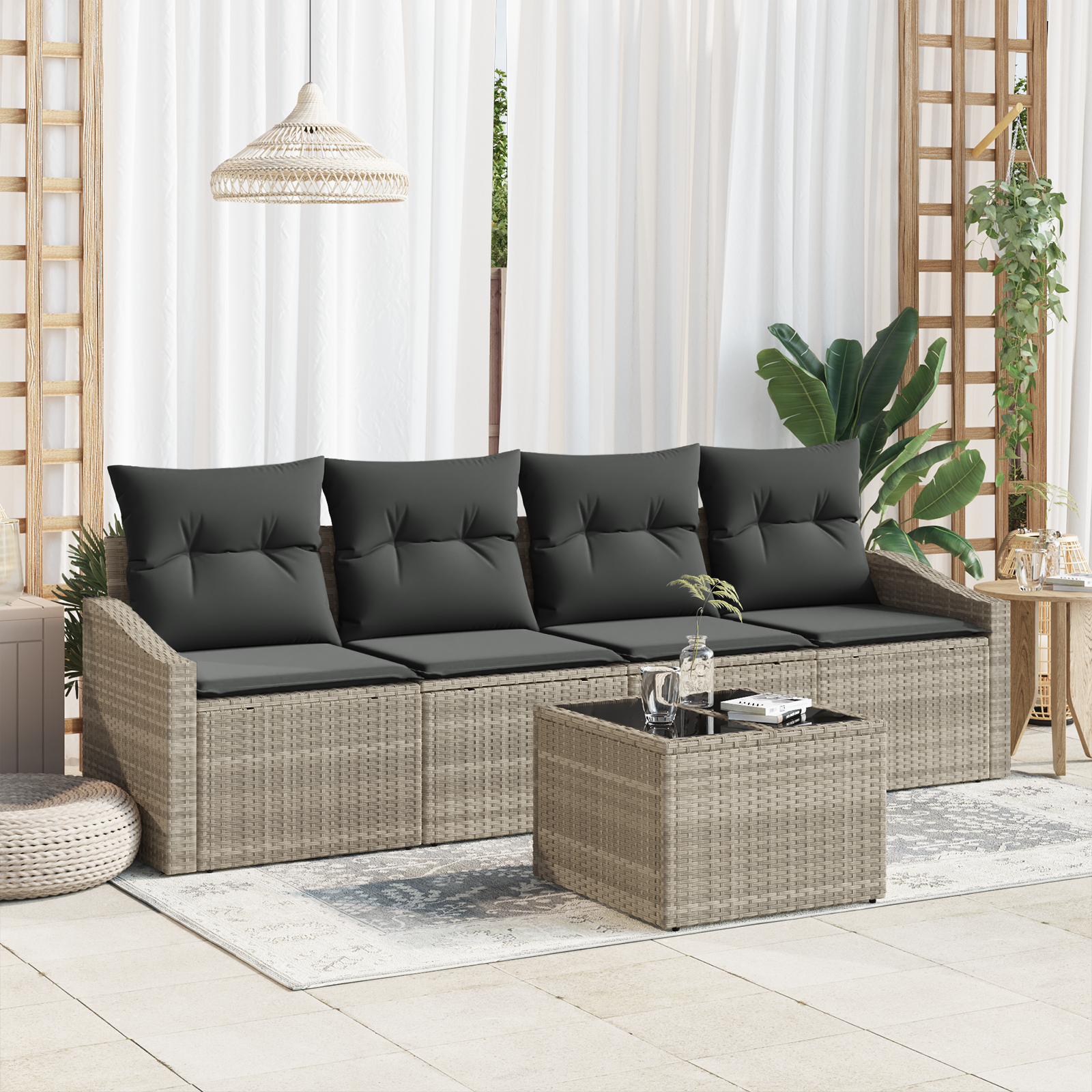foto del prodotto set divano giardino 5 pezzi con cuscini grigio chiaro rattan pe