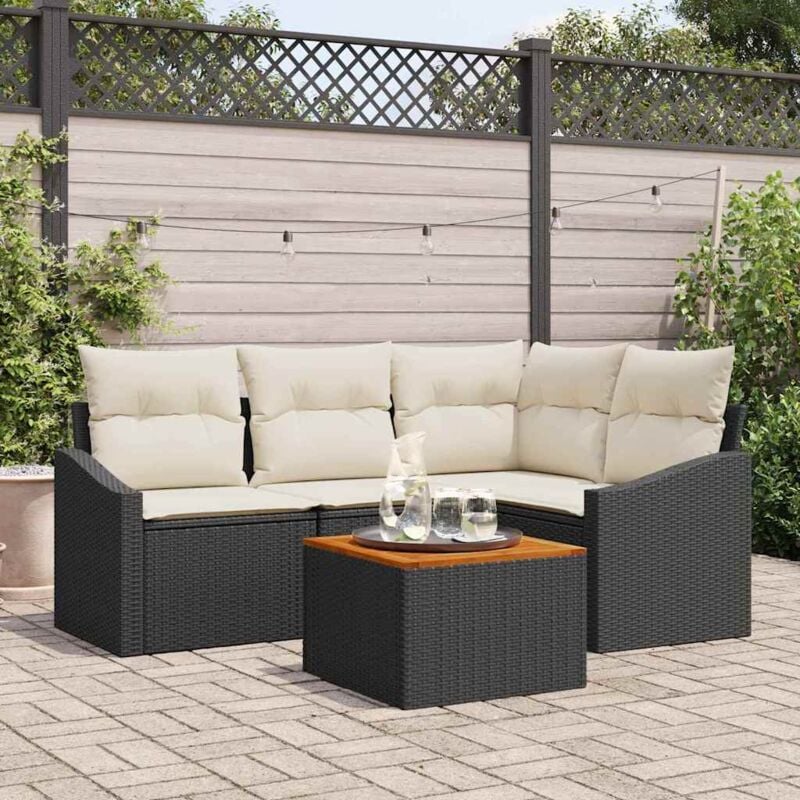 foto del prodotto set divano giardino 5 pezzi con cuscini nero polyrattan acacia