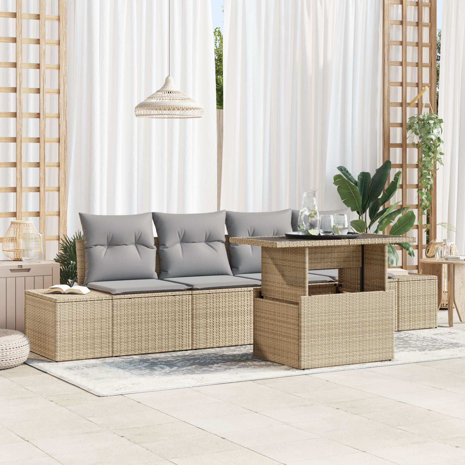 foto del prodotto set divano giardino 5 pezzi con cuscini - rattan sintetico beige