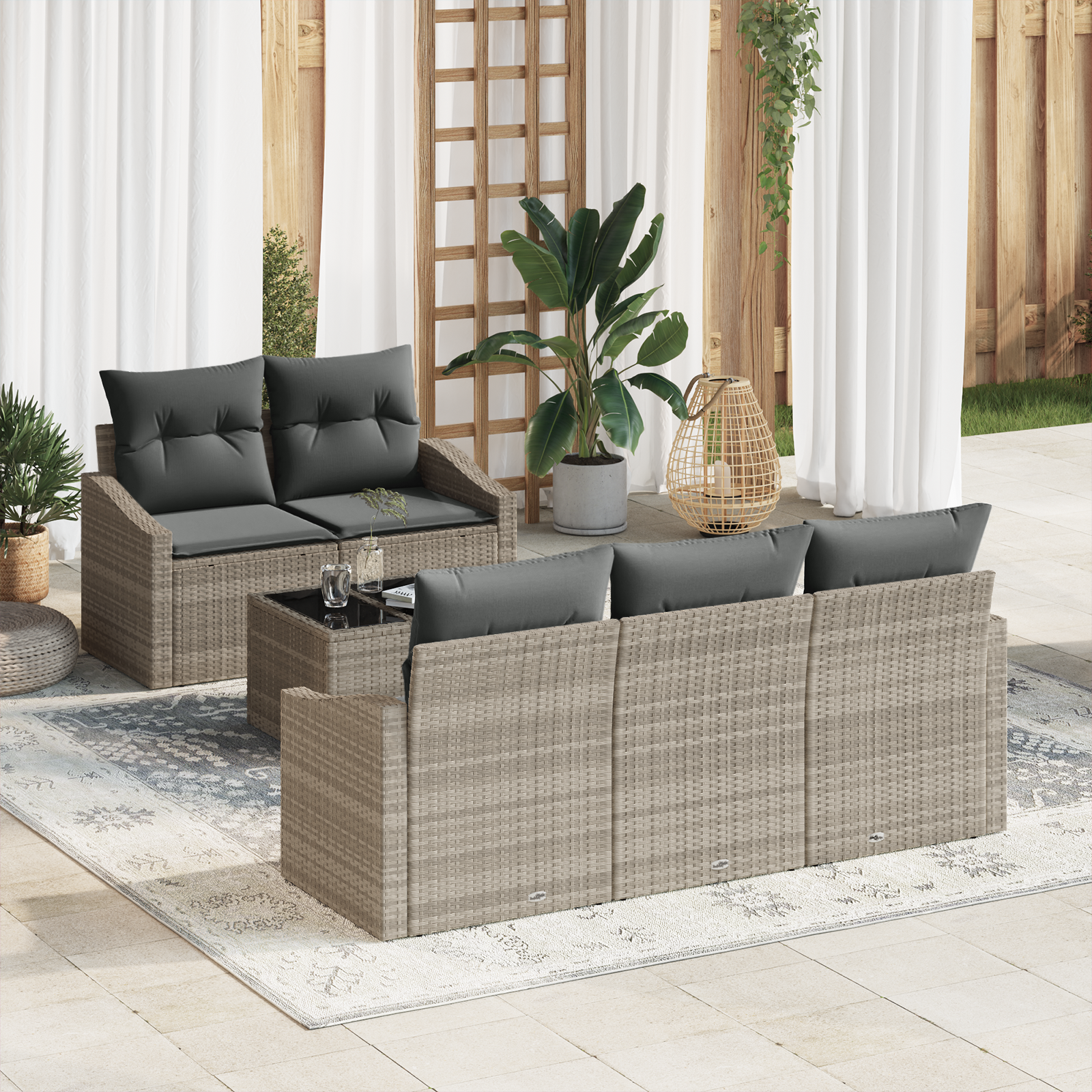 foto del prodotto set divano giardino 6 pezzi con cuscini grigio chiaro polyrattan