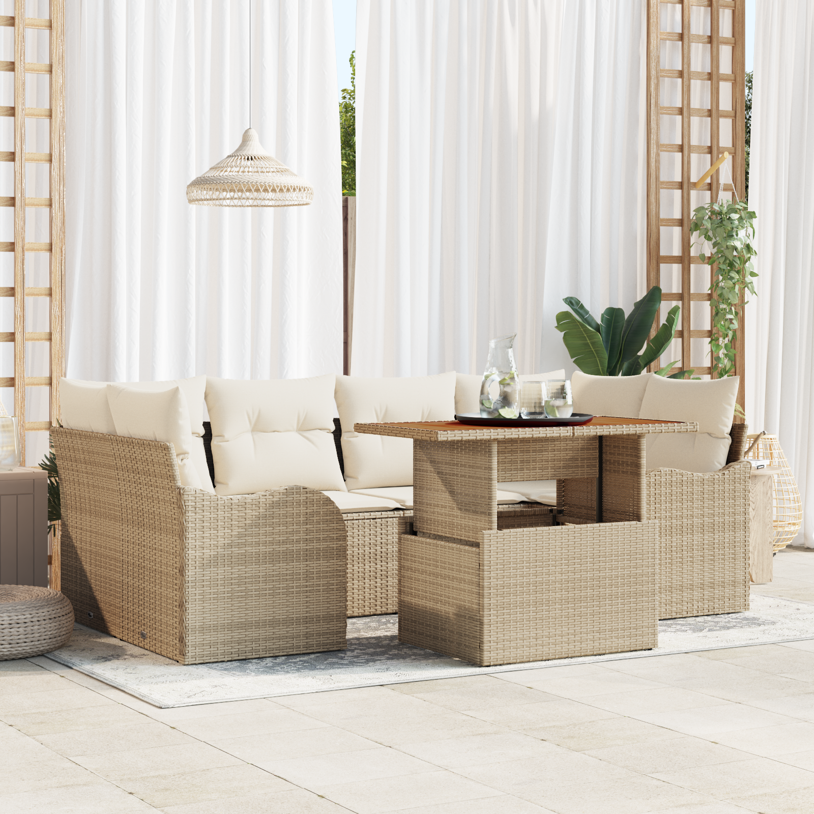 foto del prodotto set divano giardino 7 pezzi con cuscini beige rattan polietileno acacia