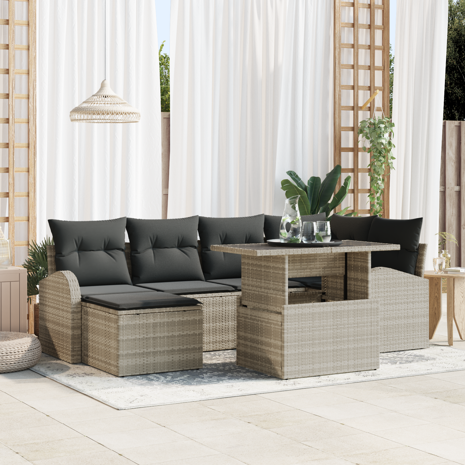 foto del prodotto set divano giardino 7 pezzi con cuscini grigio chiaro rattan pe