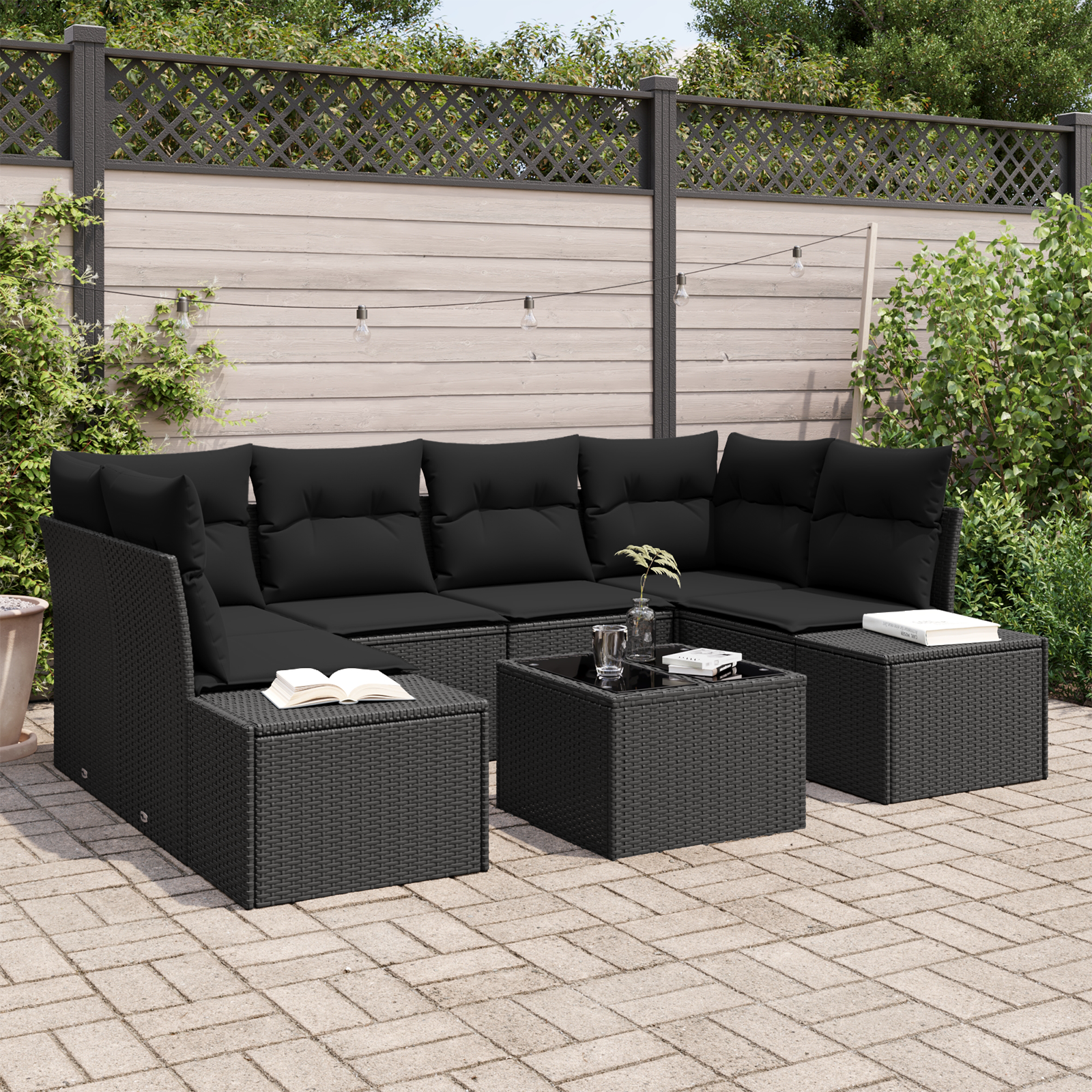 foto del prodotto set divano giardino 7 pezzi con cuscini nero rattan pe